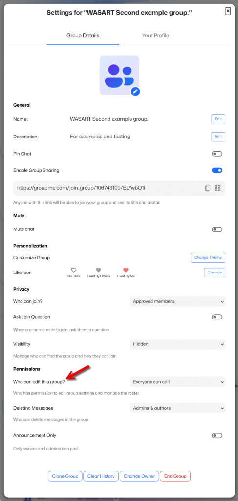 GroupMe desktop Group options.