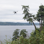 A drone flies above the tree canopy