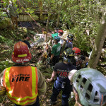 A horse is laying in a dry stream bed with rescuers surrounding it.